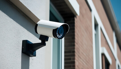 Modern security camera on building wall closeup created with generative ai	