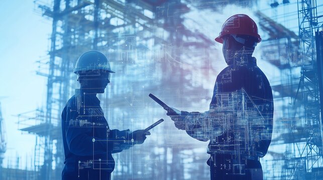 Construction workers using tablets on-site at a building project during daylight with outlines of digital blueprints