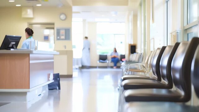 Hospital waiting area with rows of empty chairs and a reception desk in the background. Bright and organized healthcare space designed for patient registration and comfort. 