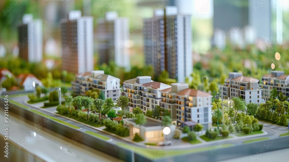 Poster A model of a city with a large building in the middle