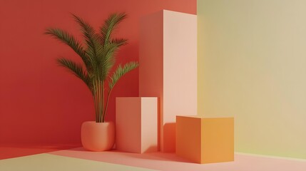 Minimalist Scene With Palm Tree And Colorful Platforms