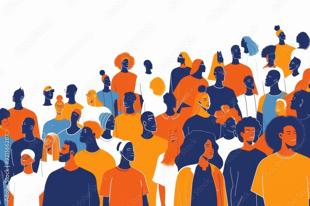 Poster a crowd of diverse people coming together in a illustration with a flat design using simple shapes a