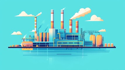 Obraz premium Nuclear power plant with supply lines, fission-based energy flow, flat design illustration