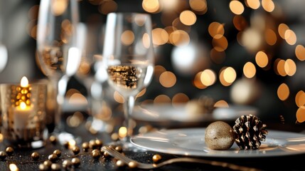 This image showcases an elegant dining table setting adorned with festive decor, including candles and lights, creating a warm and inviting atmosphere perfect for celebrations.