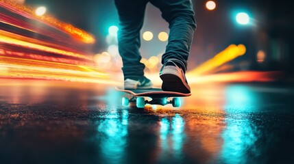 Fototapeta premium A skateboarder navigating the city streets at night, with fast-moving light trails creating a dynamic and captivating scene full of speed and urban energy that's visually striking.