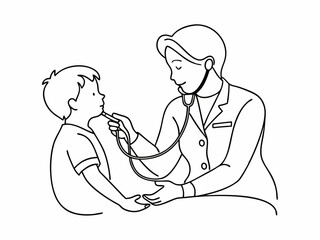 continuous single line drawing of pediatrician using stethoscope on toddler, line art vector illustration
