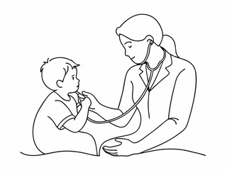 continuous single line drawing of pediatrician using stethoscope on toddler, line art vector illustration
