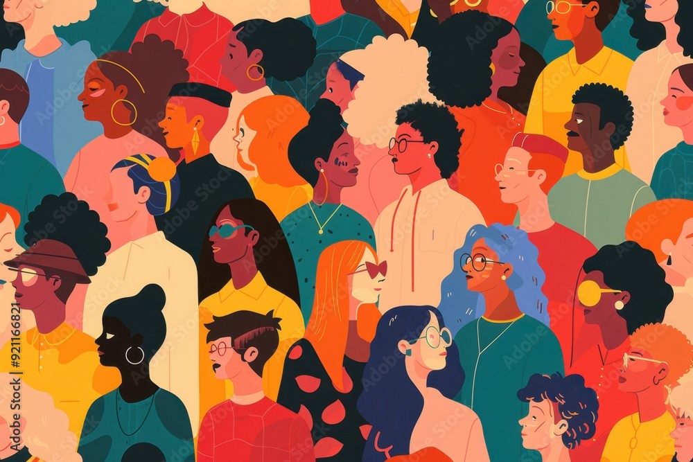 Poster a crowd of diverse people are illustrated in a flat design with simple shapes and bright colors the 