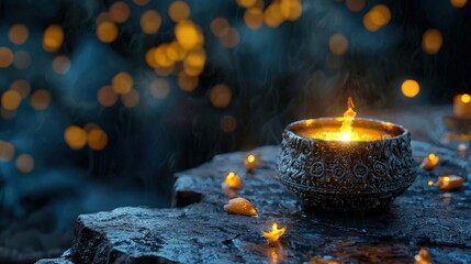 A serene candle glowing in darkness, surrounded by sparkling lights and soft rain. Perfect for creating a tranquil atmosphere.