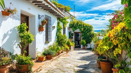 Fototapeta premium Whitewashed House with Cobblestone Pathway and Lush Greenery