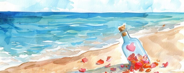 A serene beach scene featuring a message in a bottle, surrounded by flower petals and a tranquil ocean backdrop.