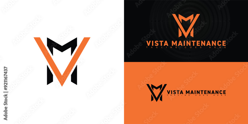 Poster abstract initial letter vm or mv in black-orange color isolated on multiple background colors. the l