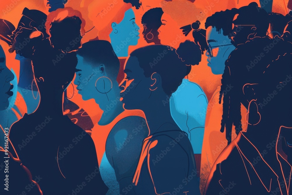 Poster a diverse crowd of people in an illustration style with flat colors and art using a blue and orange 