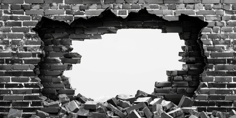 This black and white image features a large hole in a weathered brick wall, revealing stark space beyond. The intricate texture enhances the scene, compellingly drawing the viewers gaze