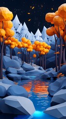 Fototapeta premium Low Poly Night Scene with Stream and Mountains
