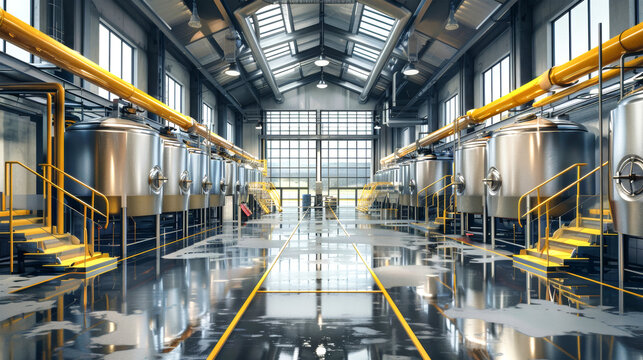 A sleek industrial interior features stainless steel tanks, yellow piping, and large windows revealing a vibrant working environment