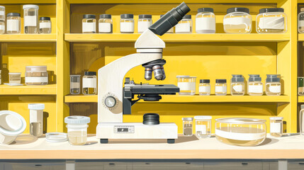A detailed illustration showcases a microscope amid various petri dishes, highlighting the vibrant colors of a scientific research environment