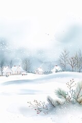 Fototapeta premium Serene Winter Village Scene with Snowy Landscape and Cozy Cottages