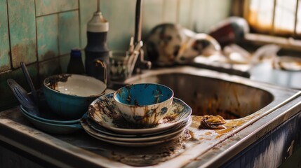 Stack of dirty dishes in a cluttered kitchen sink. Conceptualizing daily mess and chores. Ideal for illustrating household themes or cleaning services. 
