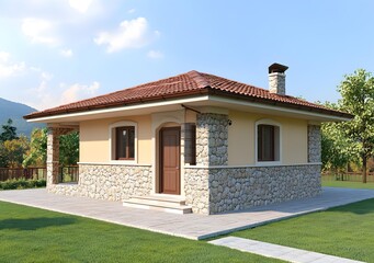 Fototapeta premium Modern Small House with Stone Wall Exterior