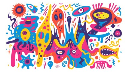 Obraz premium Funky Alien Explorers Discover a Wacky Celestial Planet for Sticker Design