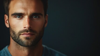 Fototapeta premium Intense Gaze: A close-up portrait of a handsome man with piercing blue eyes and a neatly trimmed beard, set against a dark backdrop, radiating an air of confidence and determination. 