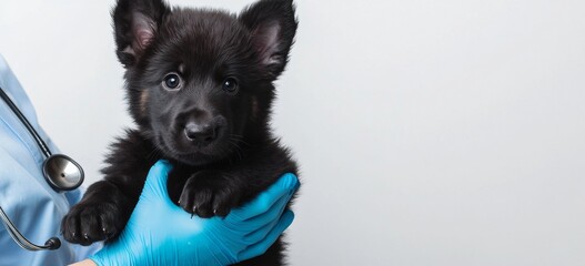 A compassionate and caring veterinarian is seen tending to a playful black puppy inside a wellequipped veterinary clinic, showcasing their commitment to providing topnotch care for pets
