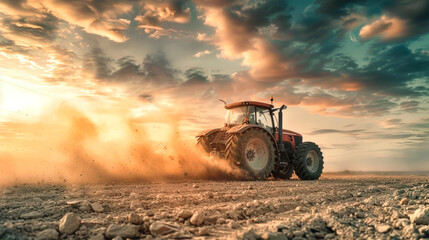 Obraz premium A powerful tractor cultivates the soil, kicking up clouds of dust against a stunning backdrop of a vibrant sky as the sun sets