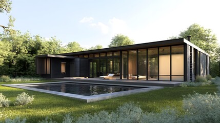 Fototapeta premium Modern House with Swimming Pool and Large Windows