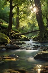 A forest stream flowing past moss covered rocks and a large tree.