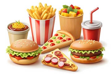 Fast food meals set collection Vector. Realistic detailed collection banner with hotdog, burger, sanwich, french fries, donuts, ice cream, pop corns
