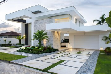 Fototapeta premium Modern White House with Palm Trees and Stone Driveway