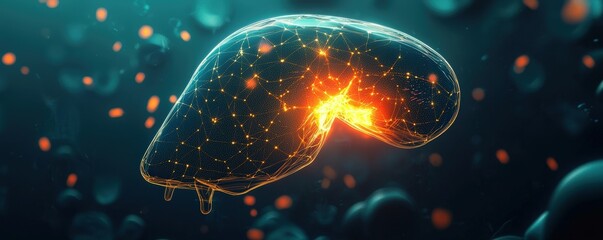 A vibrant, glowing representation of a liver, highlighting its importance in human anatomy and biology against a dark background.