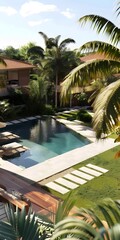 Fototapeta premium Tropical Swimming Pool with Palm Trees and Patio