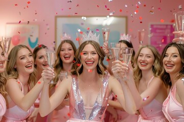 Joyful Bridal Shower Celebration with Friends Toasting Champagne