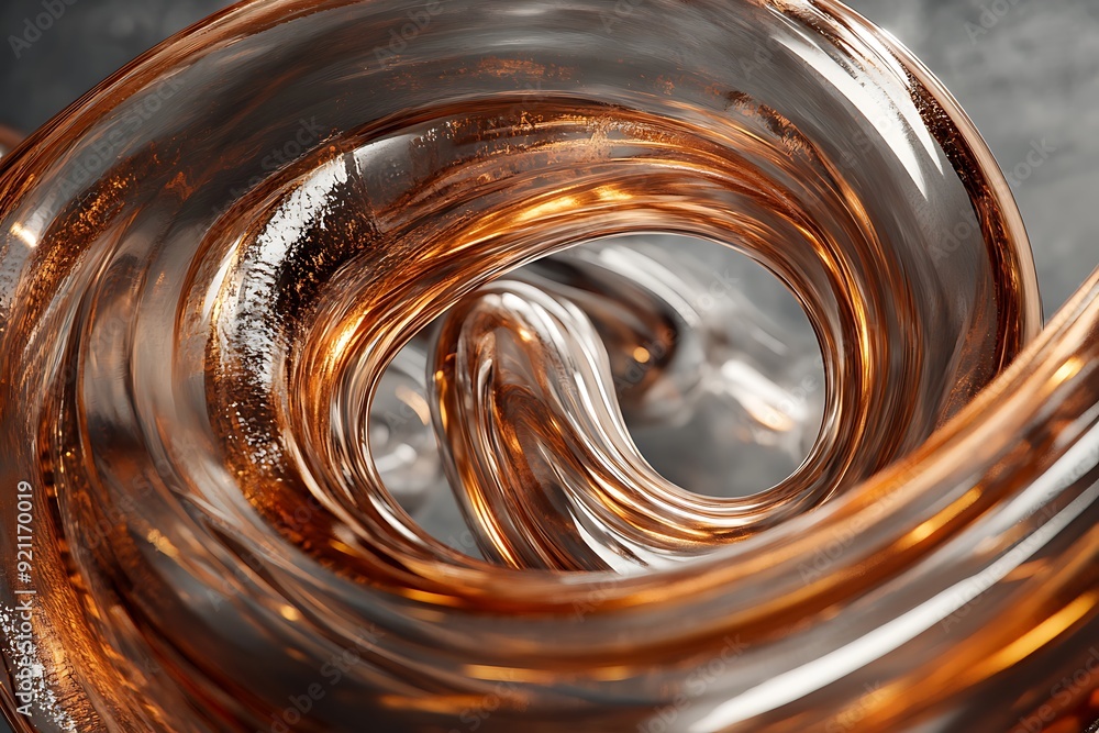 Poster elegance in fluid dynamics: shimmering bronze swirls in transparent hoses on metallic surface with i