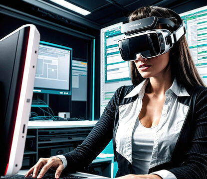 A woman wearing a virtual reality headset is sitting at a computer