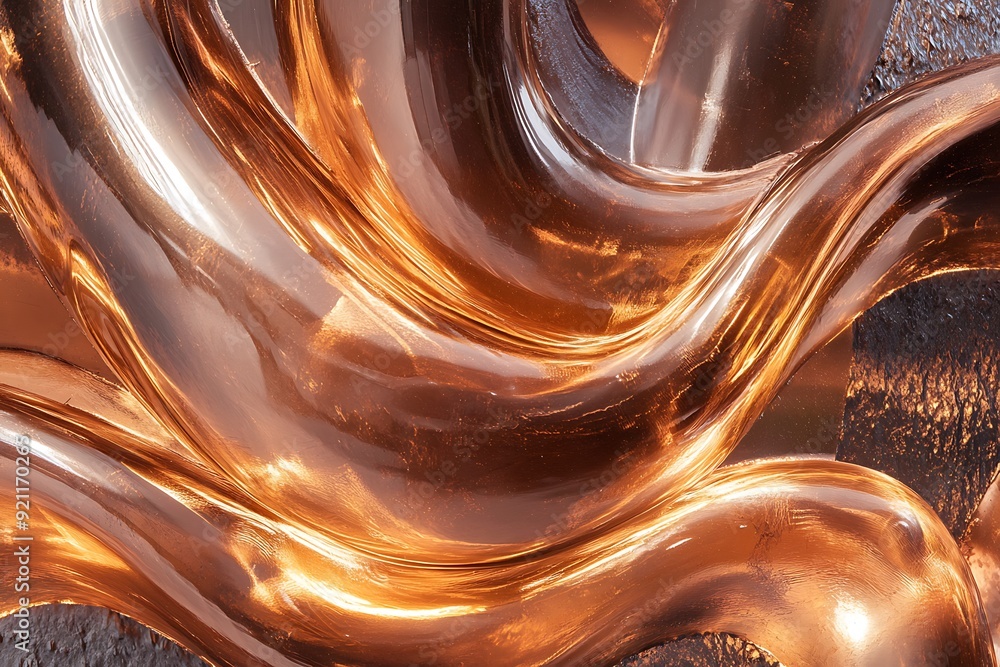 Poster mesmerizing bronze fluid flow in transparent hoses on textured metallic surface with dramatic lighti