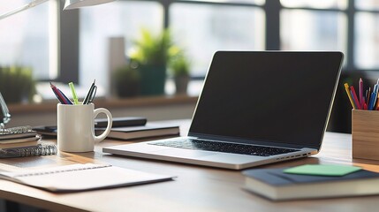 Modern Workspace Minimalism: A sleek laptop with a blank screen takes center stage on a clean, wooden desk, surrounded by minimal office supplies. 