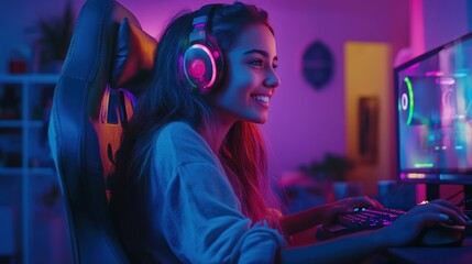 Smiling Gamer Girl with Headphones