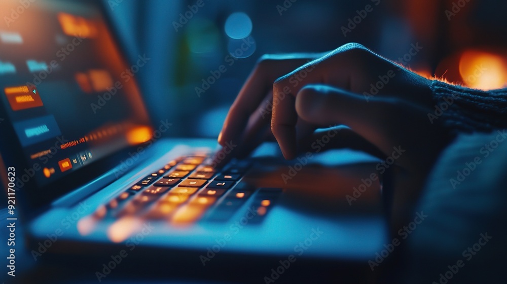 Poster late night coding: a close-up shot of a programmer's hand typing on a laptop keyboard, illuminated b