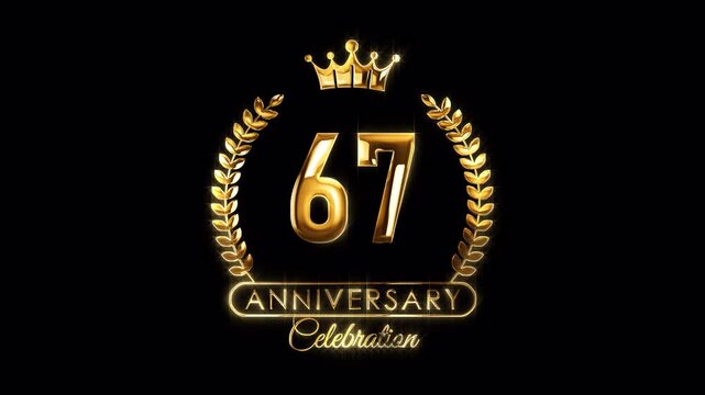 67th Anniversary Celebration. Happy 67 Years Anniversary Animation in Gold Color on the Transparent Background, Alpha Channel. Great for greetings, celebrations, events, and gifts.