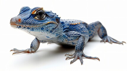 Naklejka premium A beautiful blue lizard with intricate scales and striking orange eyes detailed against a plain white background.