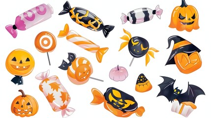 Obraz premium Spooky Homemade Halloween Candy Sticker Design with Pumpkins Bats and Other Spooky Shapes on White Background
