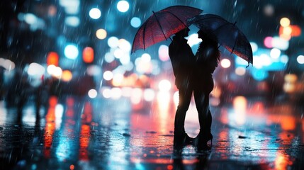 A romantic scene of a couple tightly embracing under umbrellas, illuminated by vibrant city lights reflecting off wet pavements on a rainy night, capturing love and intimacy.