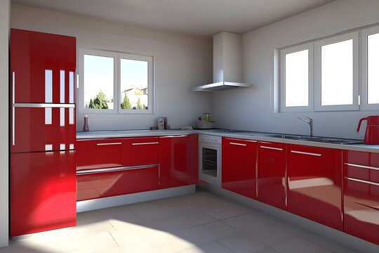 Modern Red Kitchen Design with White Countertops