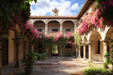 Naklejka premium Beautiful Spanish Style Courtyard with Flowers