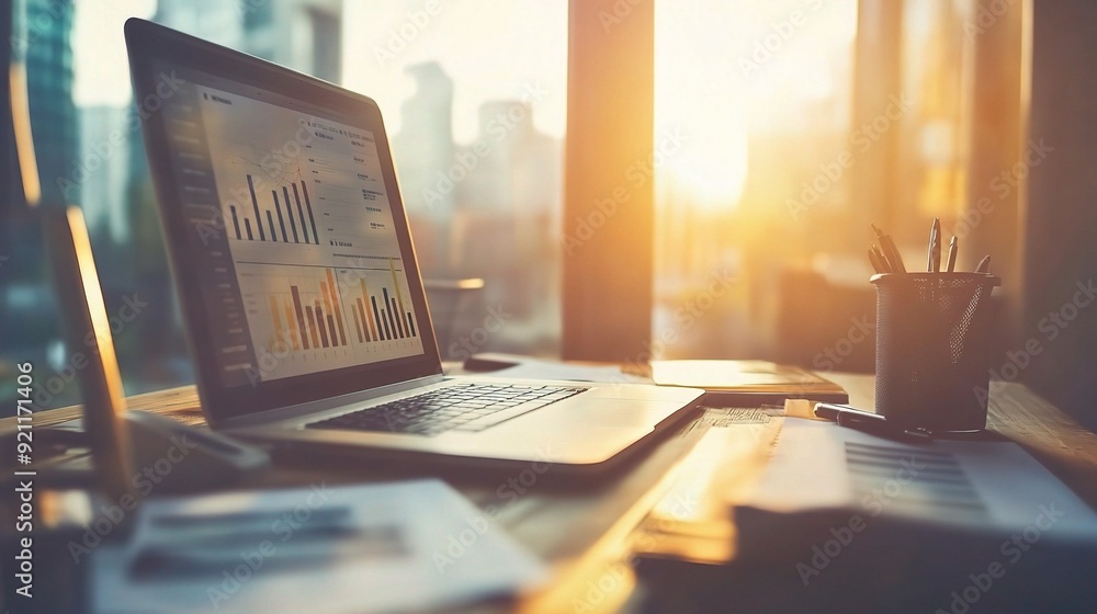 Aufkleber laptop and data analysis by the window: a laptop displaying data analysis graphs sits on a desk with