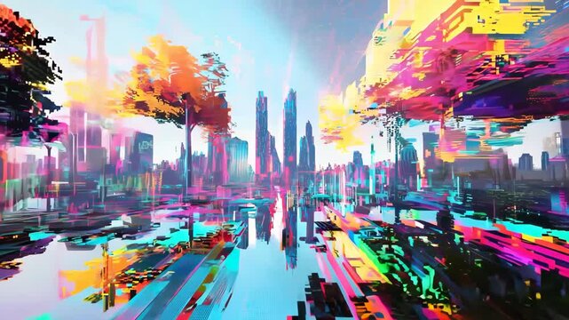 Abstract digital landscape background. Glitch, distortions and pixelization effect. Glitchy futuristic city, surreal cityscape. Cyberpunk aesthetics. Retro, retrowave, synthwave