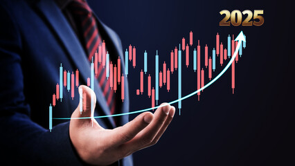 Business growth in 2025, stock market investment and digital assets, businessman analyzing financial data using graphs and charts, success and motivation in 2025